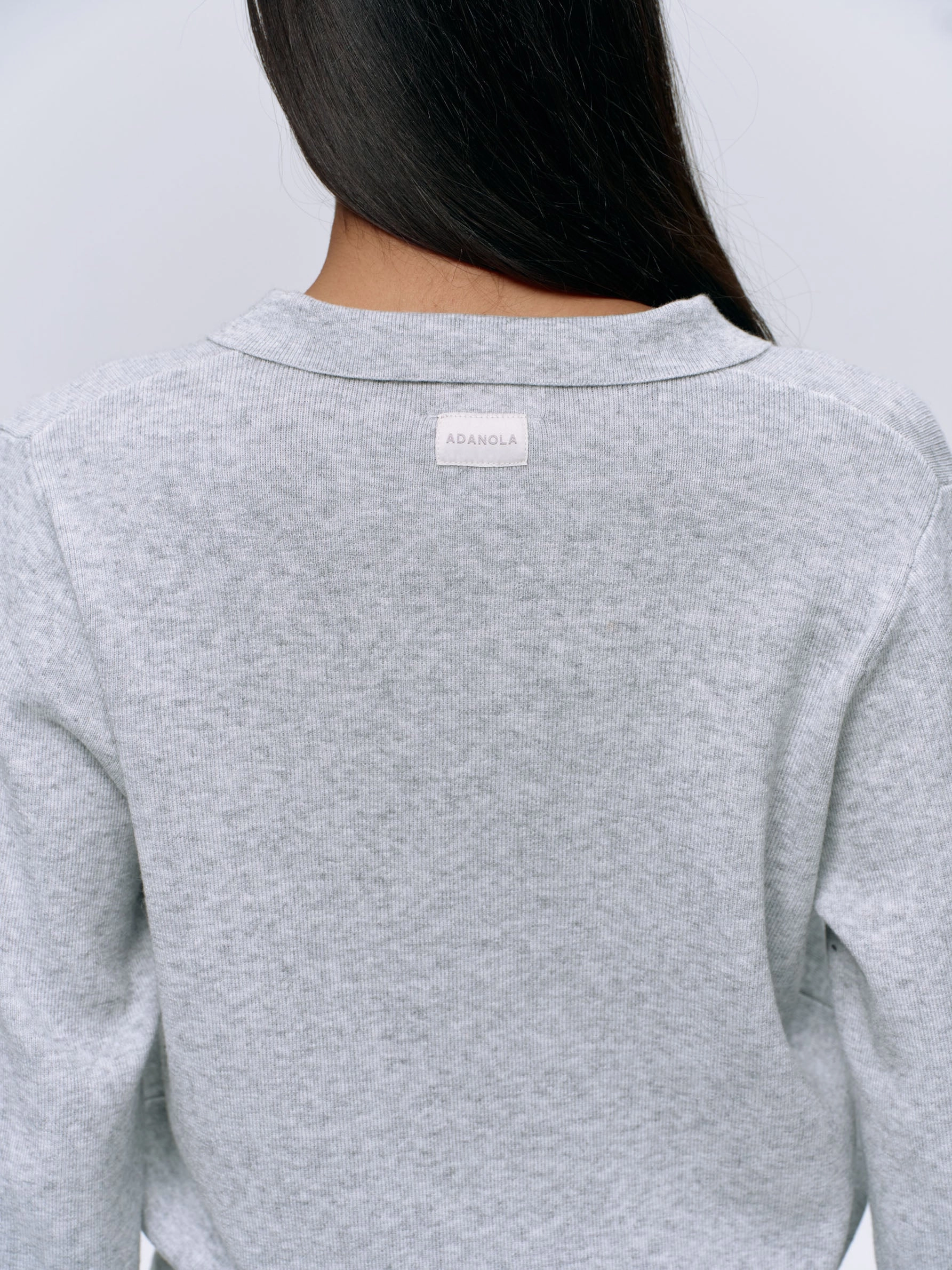 Collar Button Up Knit Crop Sweatshirt - Light Grey Melange