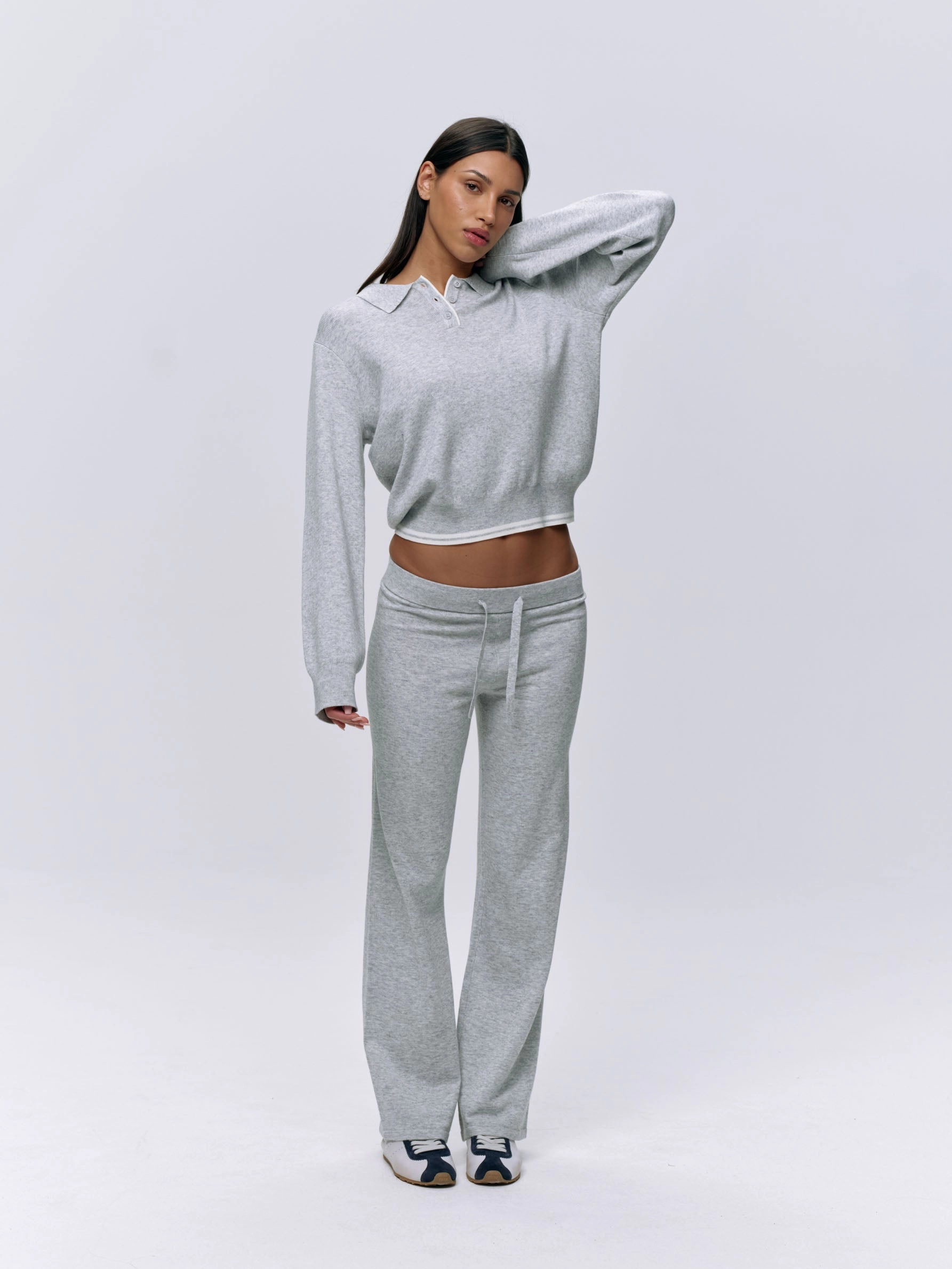 Collar Button Up Knit Crop Sweatshirt - Light Grey Melange