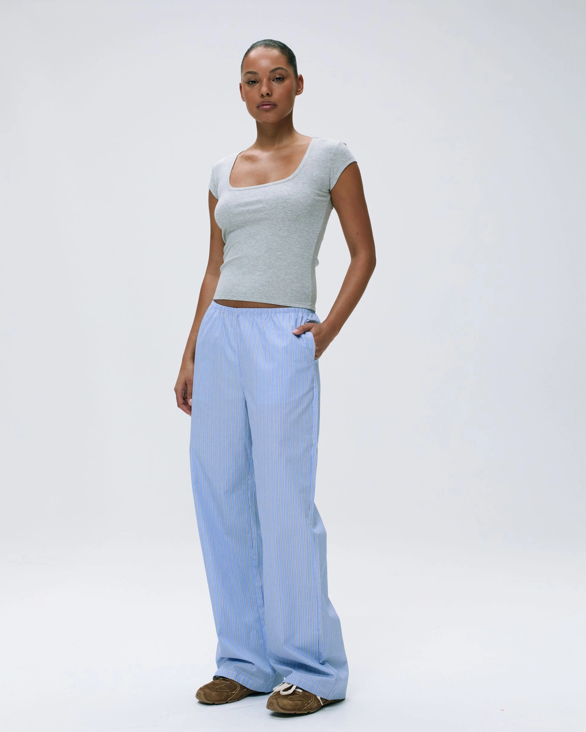 Cotton Stripe Pull On Pants - Blue/White