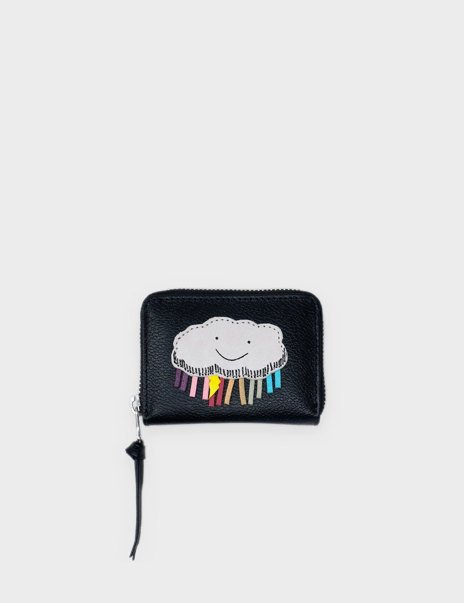 Frodo Black Leather Zip Around Wallet - Happy Cloud Applique