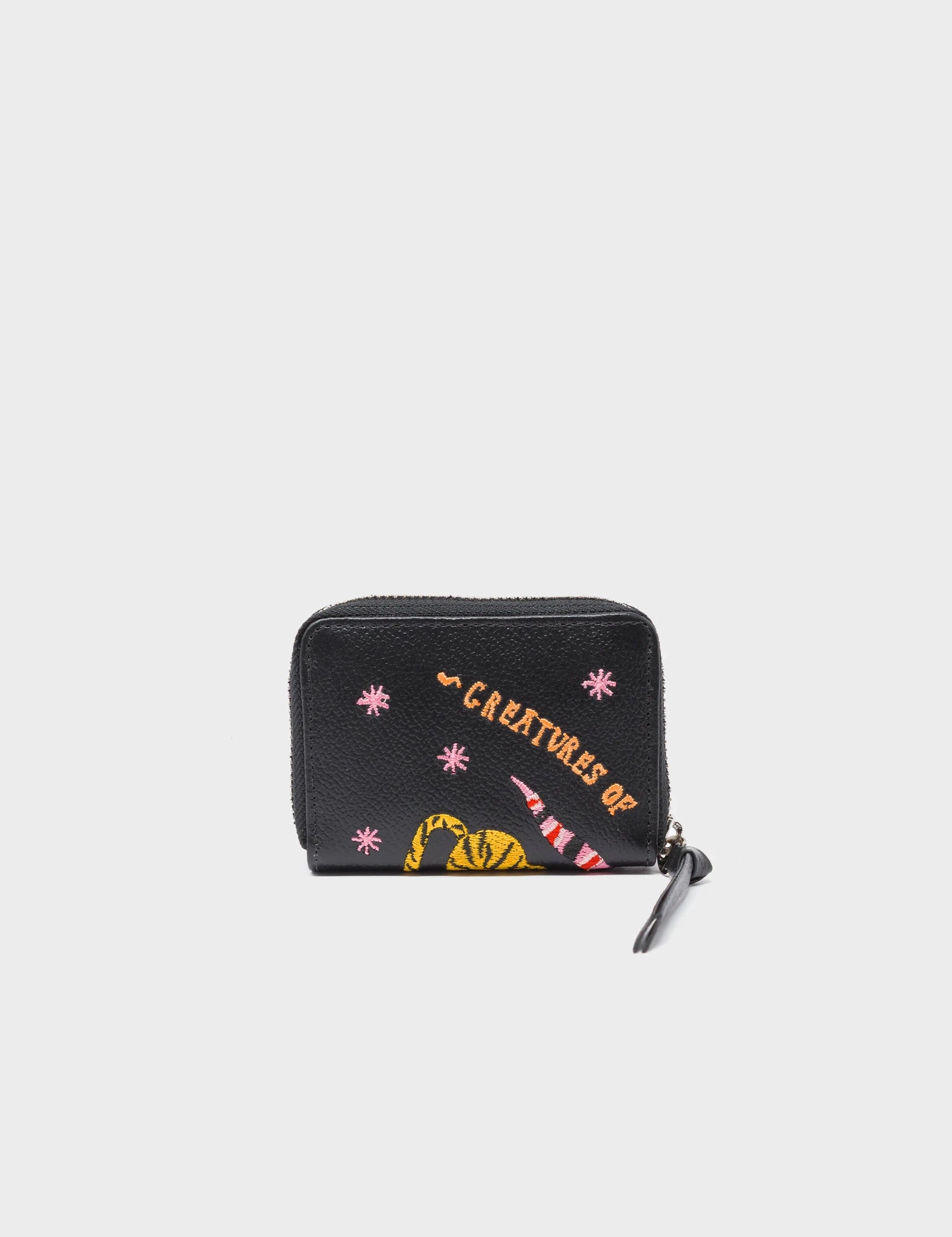 Frodo Black Leather Zip Around Wallet - Tiger and Snake Embroidery