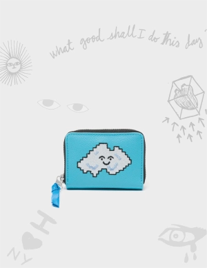 Frodo Cyan Leather Zip Around Wallet - Cloud Embroidery