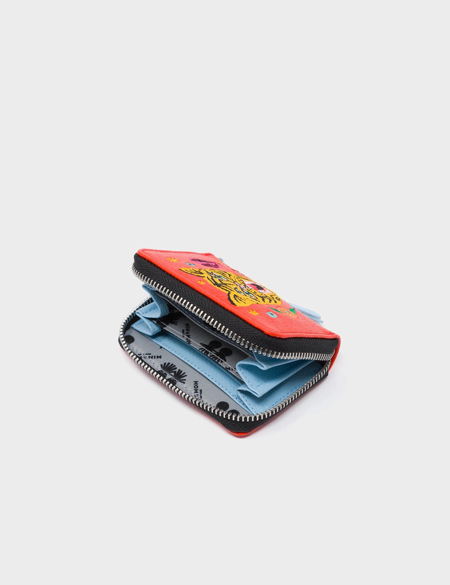 Frodo Fiesta Red Leather Zip Around Wallet - Tiger and Flowers Embroidery