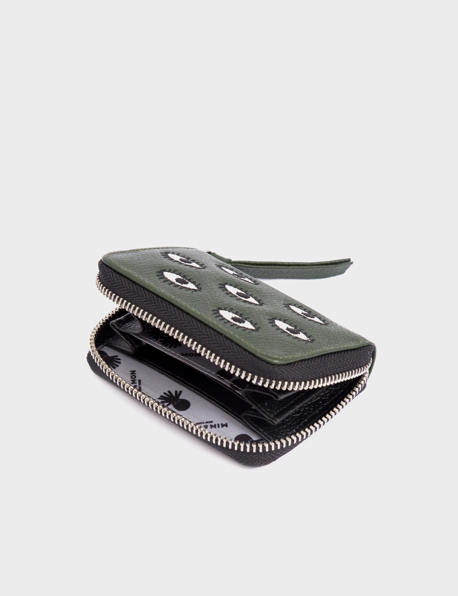 Frodo Green Leather Zip Around Wallet - All Over Eyes Embroidery