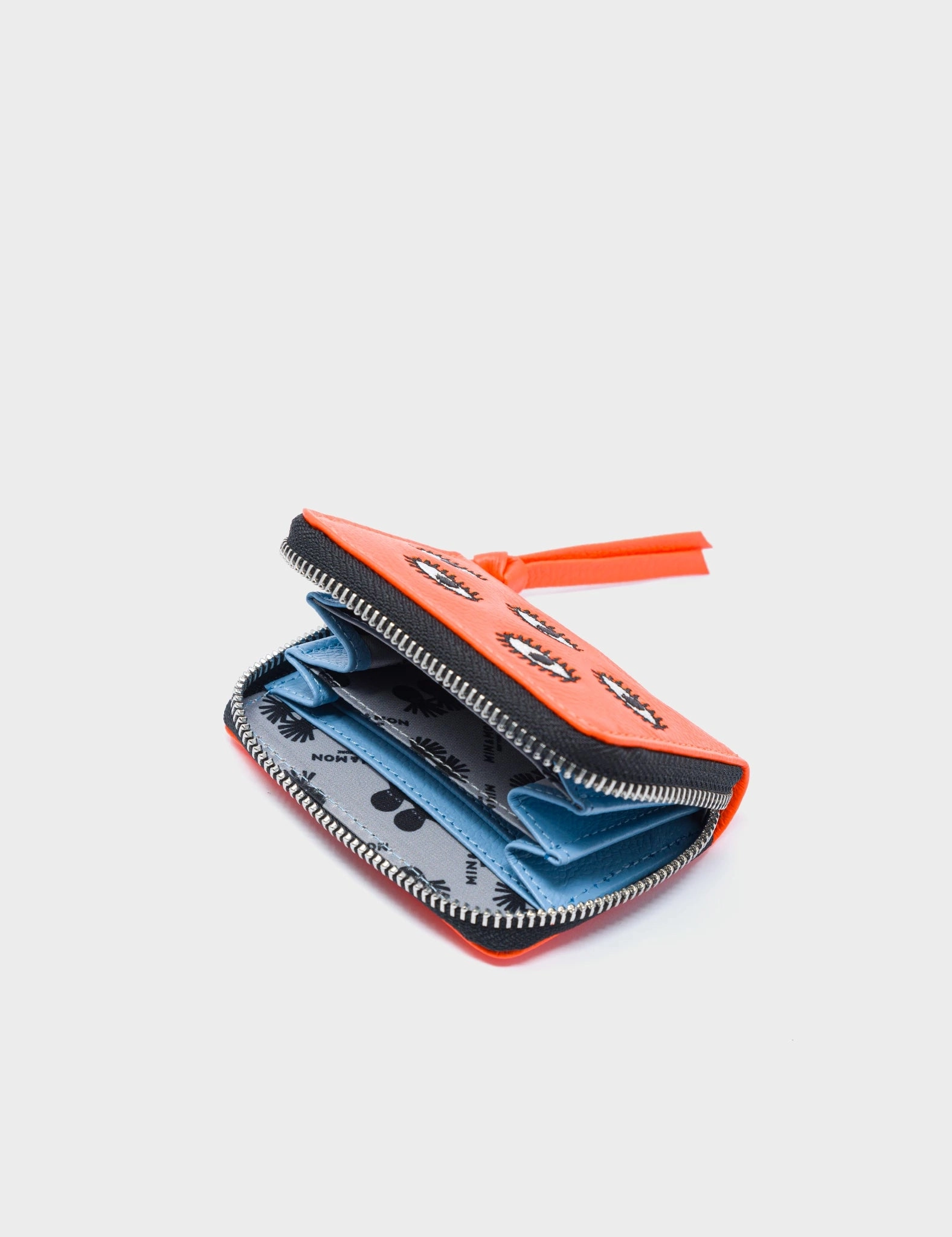 Frodo Neon Orange Leather Zip Around Wallet - All Over Eyes Embroidery