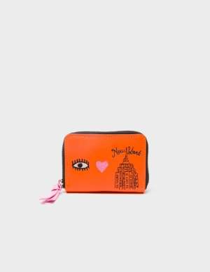 Frodo Neon Orange Leather Zip Around Wallet - Eye Love New York Embroidery