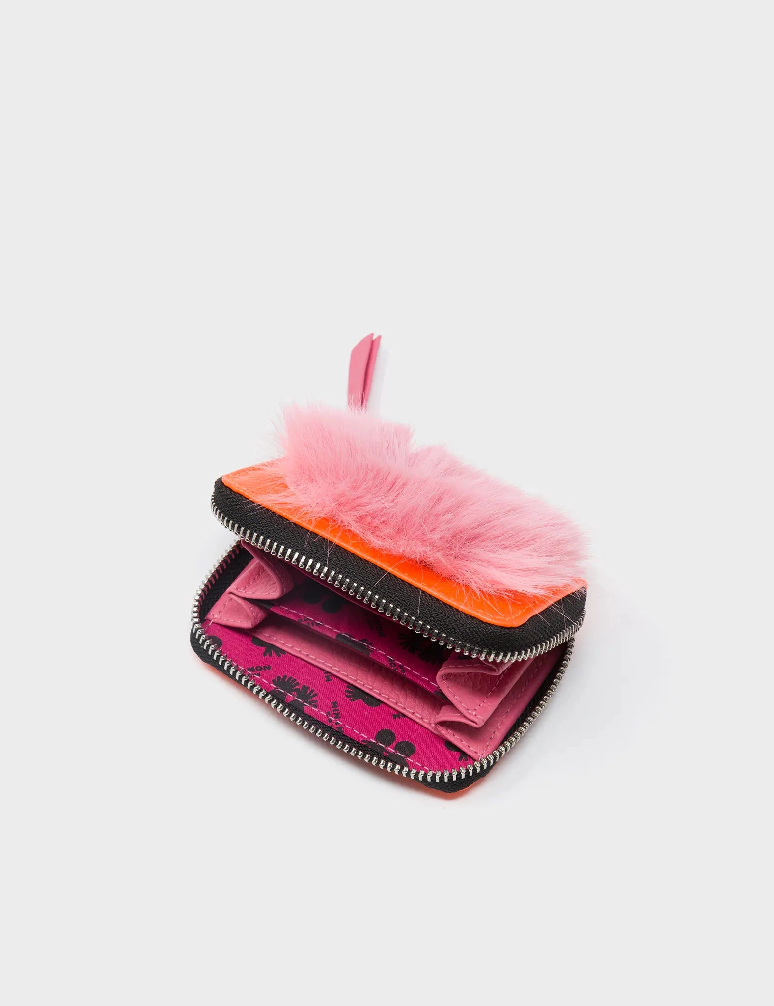 Frodo Neon Orange Leather Zip Around Wallet - Fuzzy Monster Applique