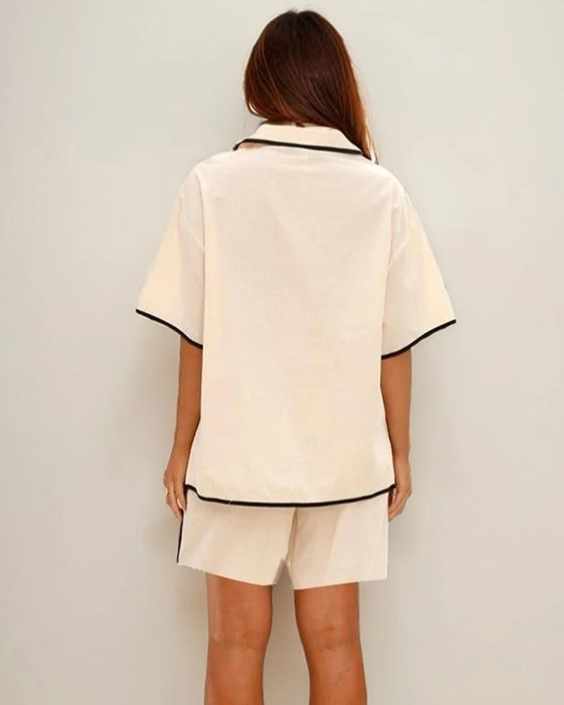 Linen Lace-up Shirt & Shorts Pajamas Sets