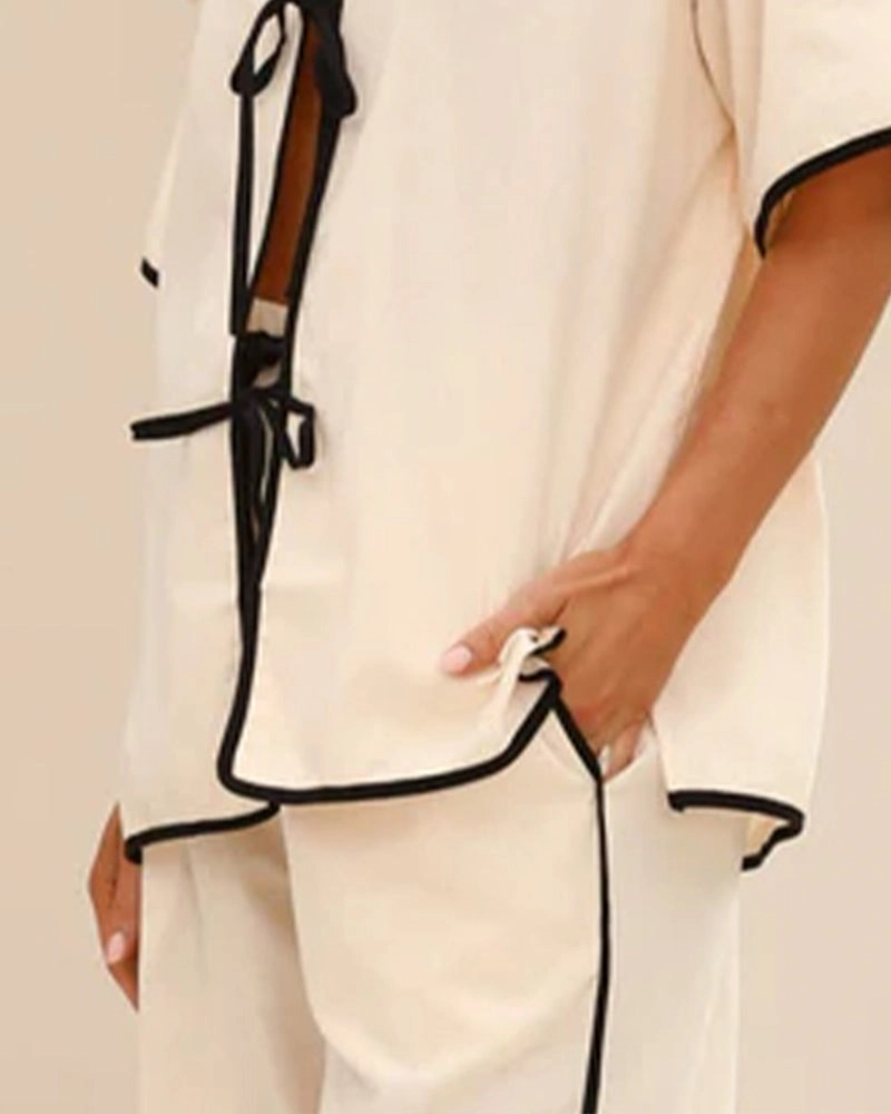 Linen Lace-up Shirt & Shorts Pajamas Sets