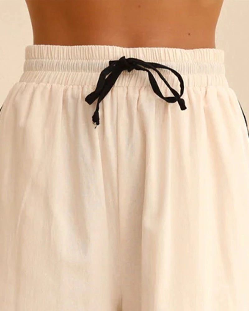 Linen Lace-up Shirt & Shorts Pajamas Sets