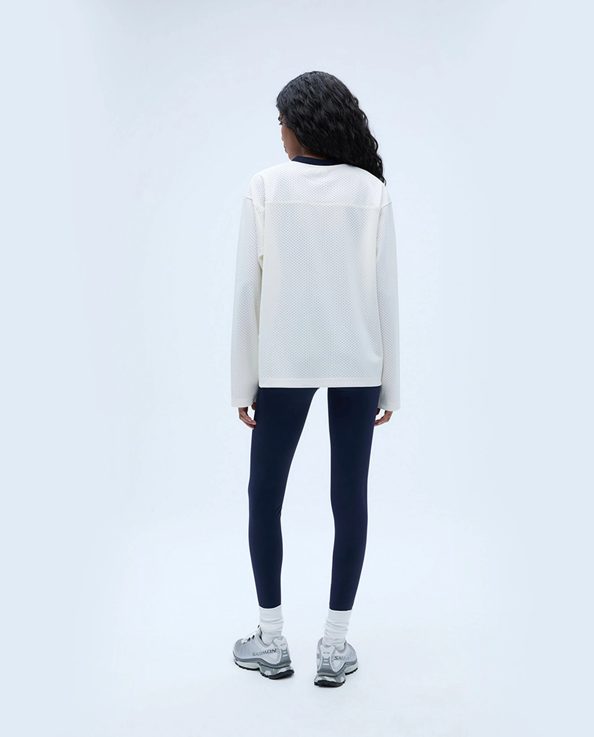 Mesh Long Sleeve Sports Jersey - White/Navy Blue
