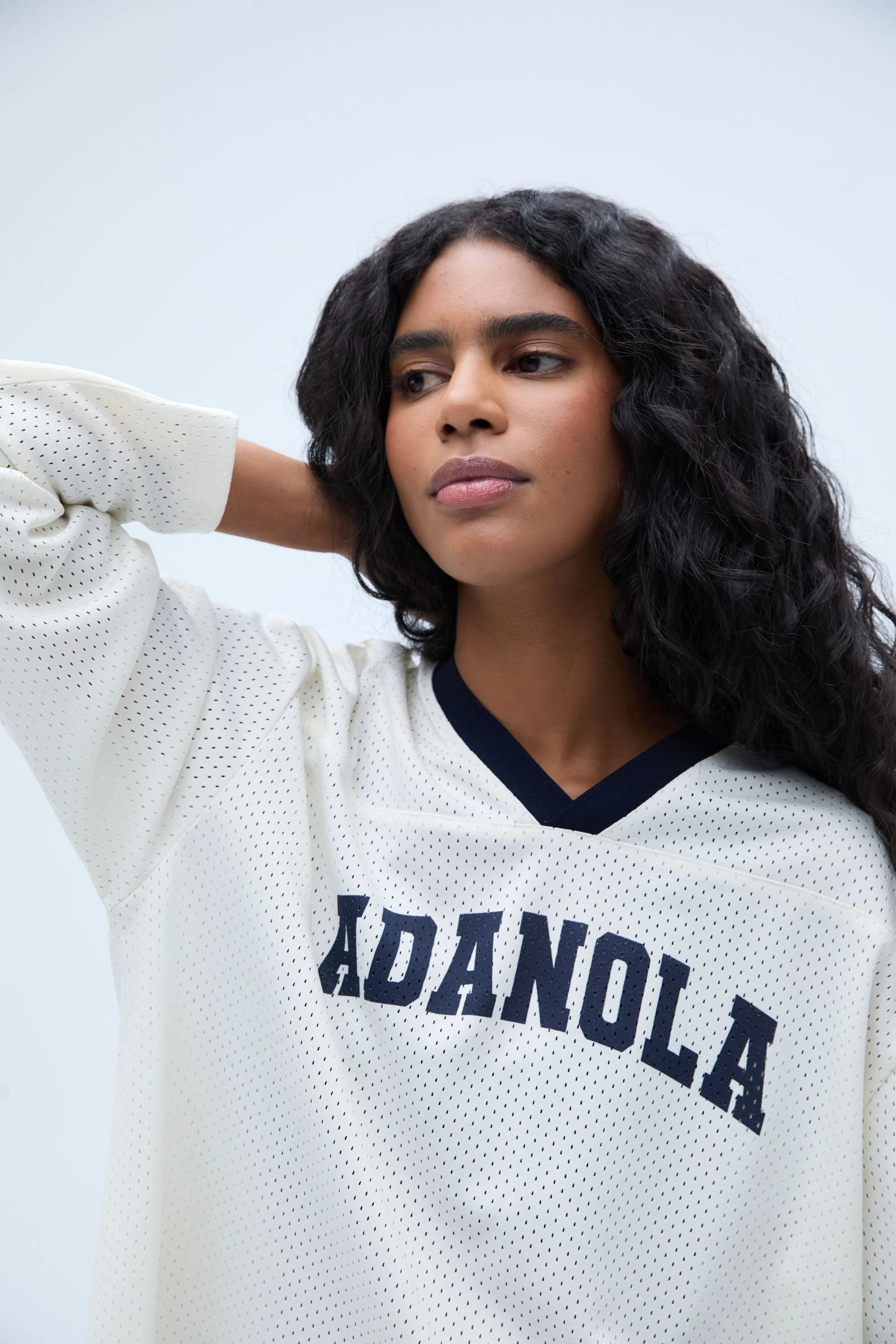 Mesh Long Sleeve Sports Jersey - White/Navy Blue