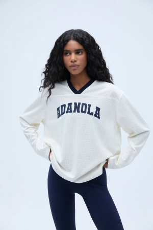 Mesh Long Sleeve Sports Jersey - White/Navy Blue