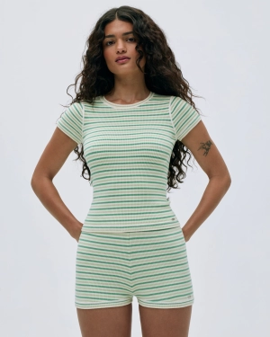 Rib Knit Stripe Short Sleeve Top - Jade Green