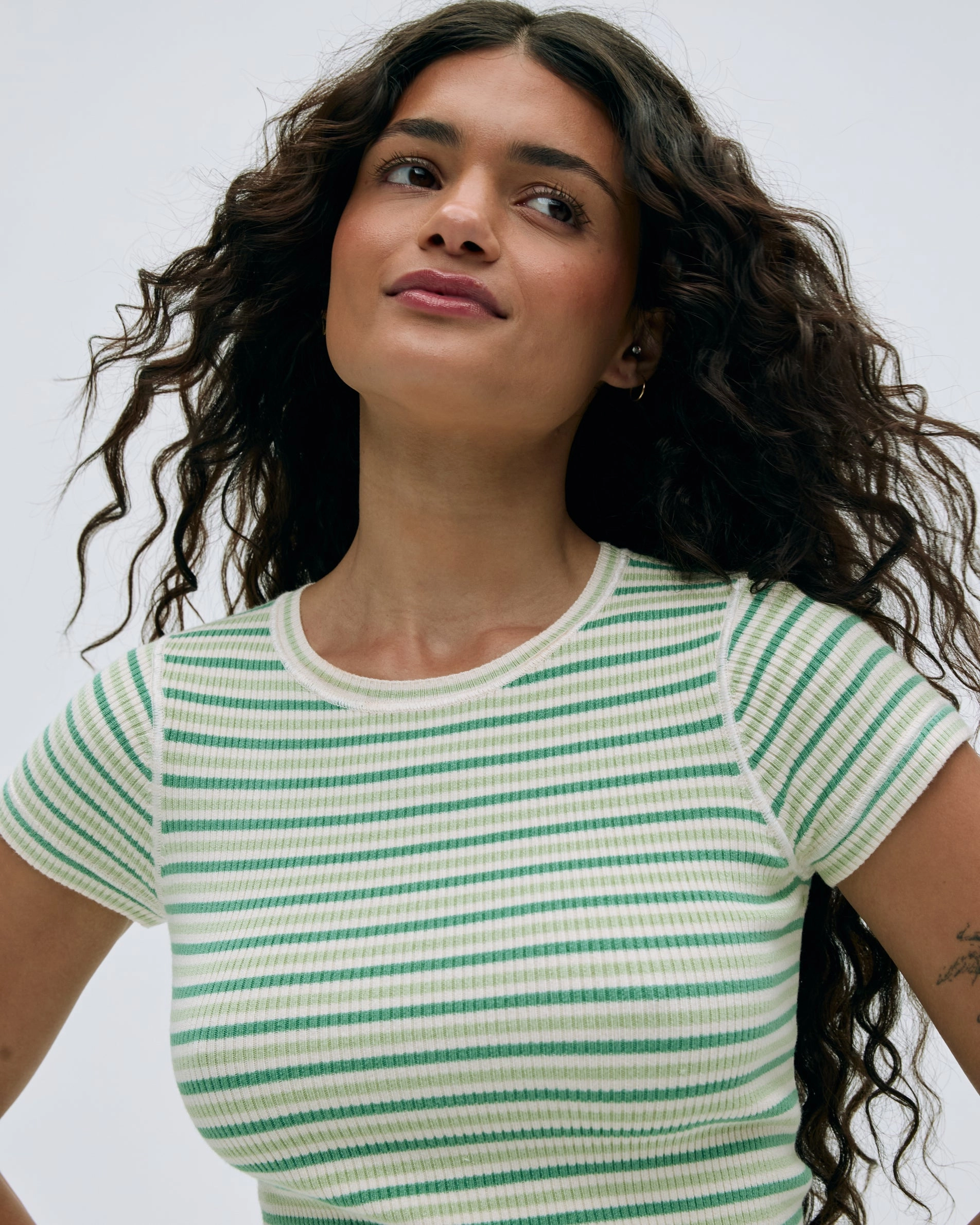Rib Knit Stripe Short Sleeve Top - Jade Green