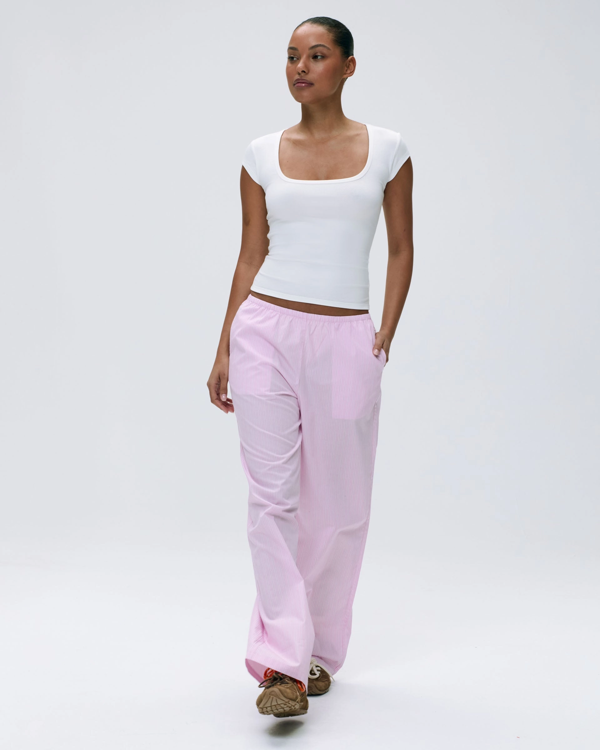 Rib Short Sleeve Scoop Neck Top - White