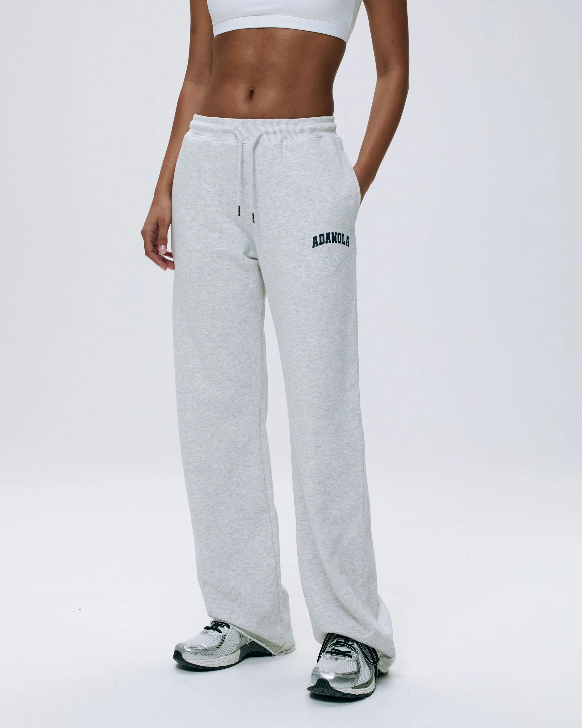 Varsity Raw Hem Straight Leg Sweatpants - Light Grey Melange/Navy Blue