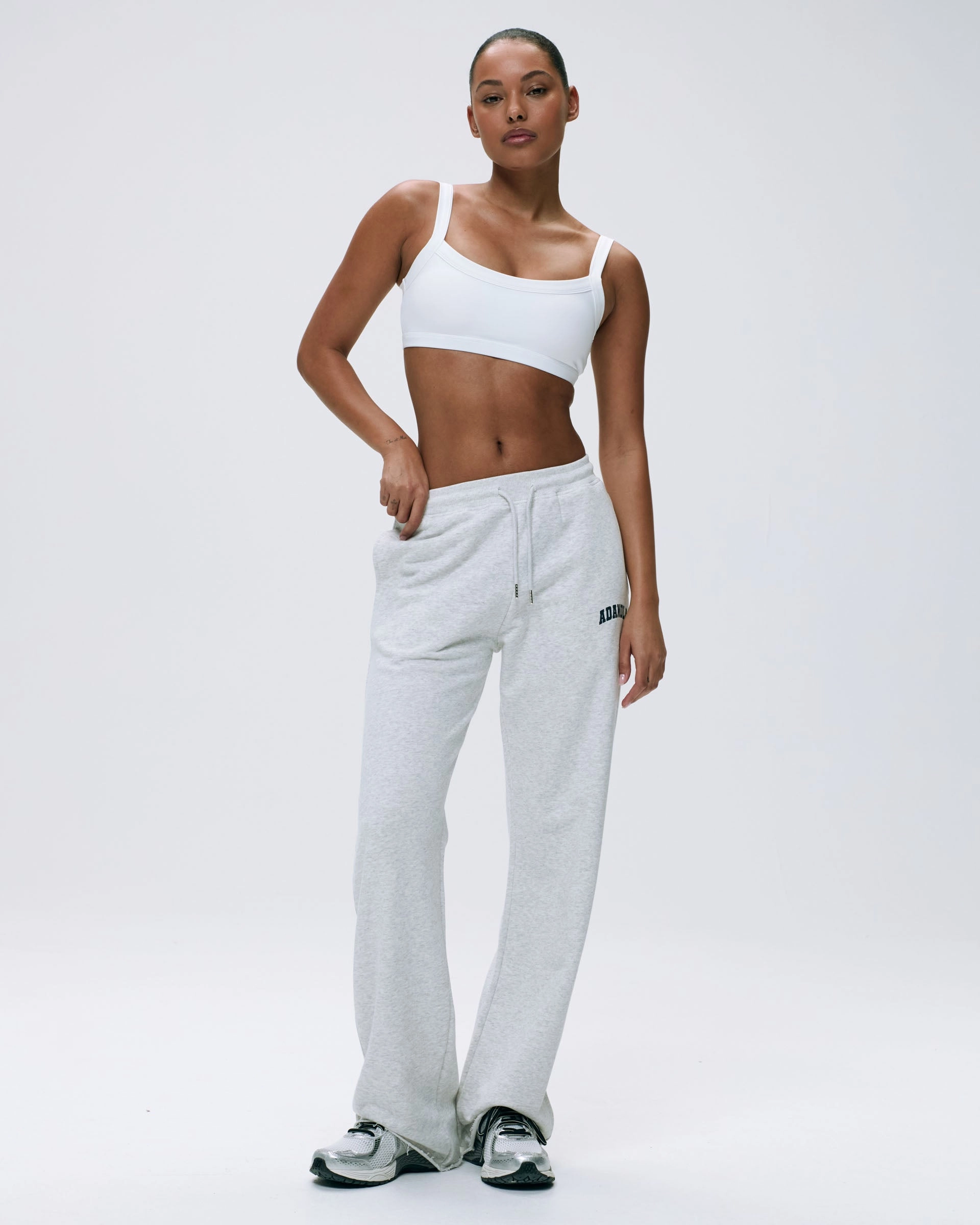 Varsity Raw Hem Straight Leg Sweatpants - Light Grey Melange/Navy Blue