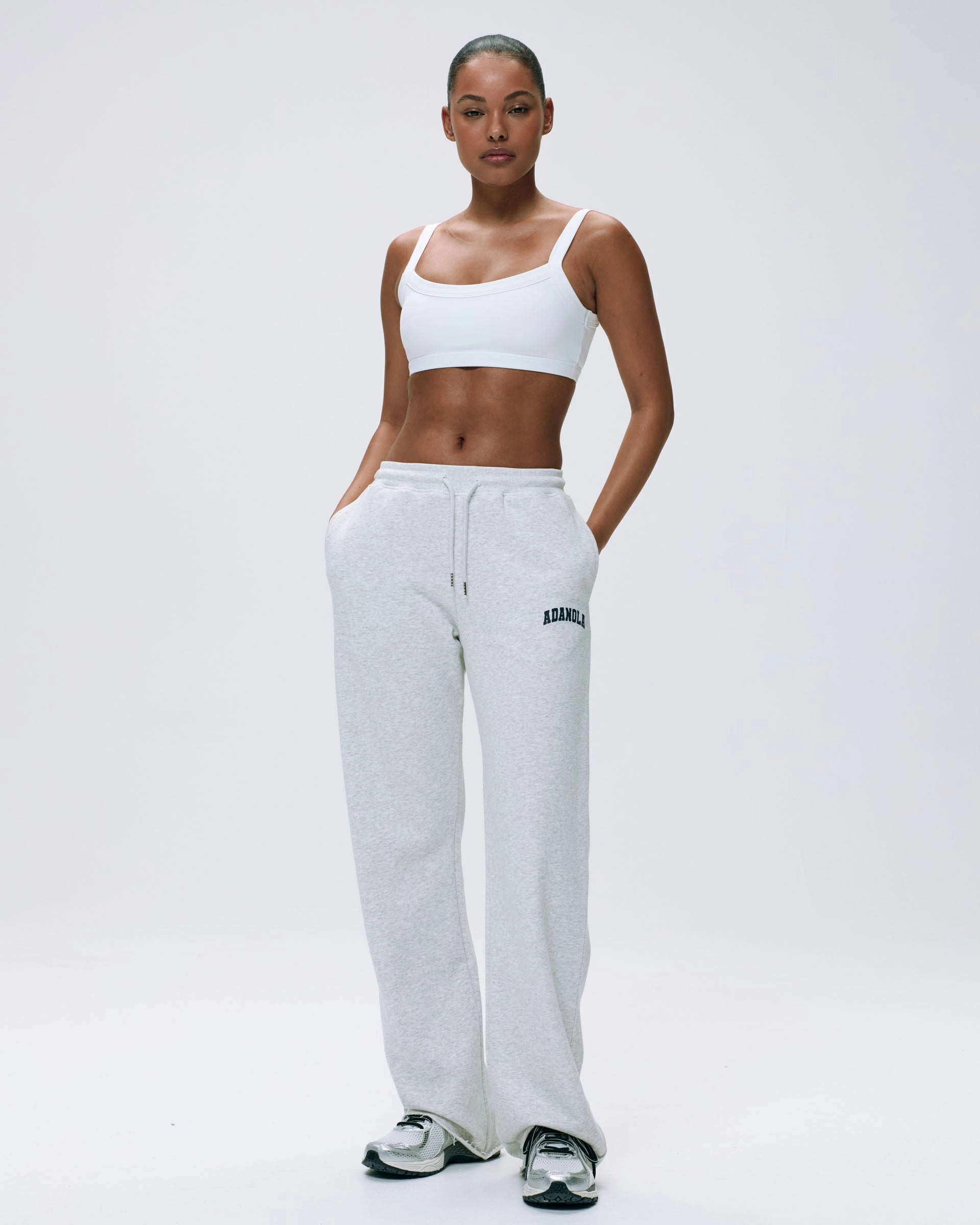 Varsity Raw Hem Straight Leg Sweatpants - Light Grey Melange/Navy Blue